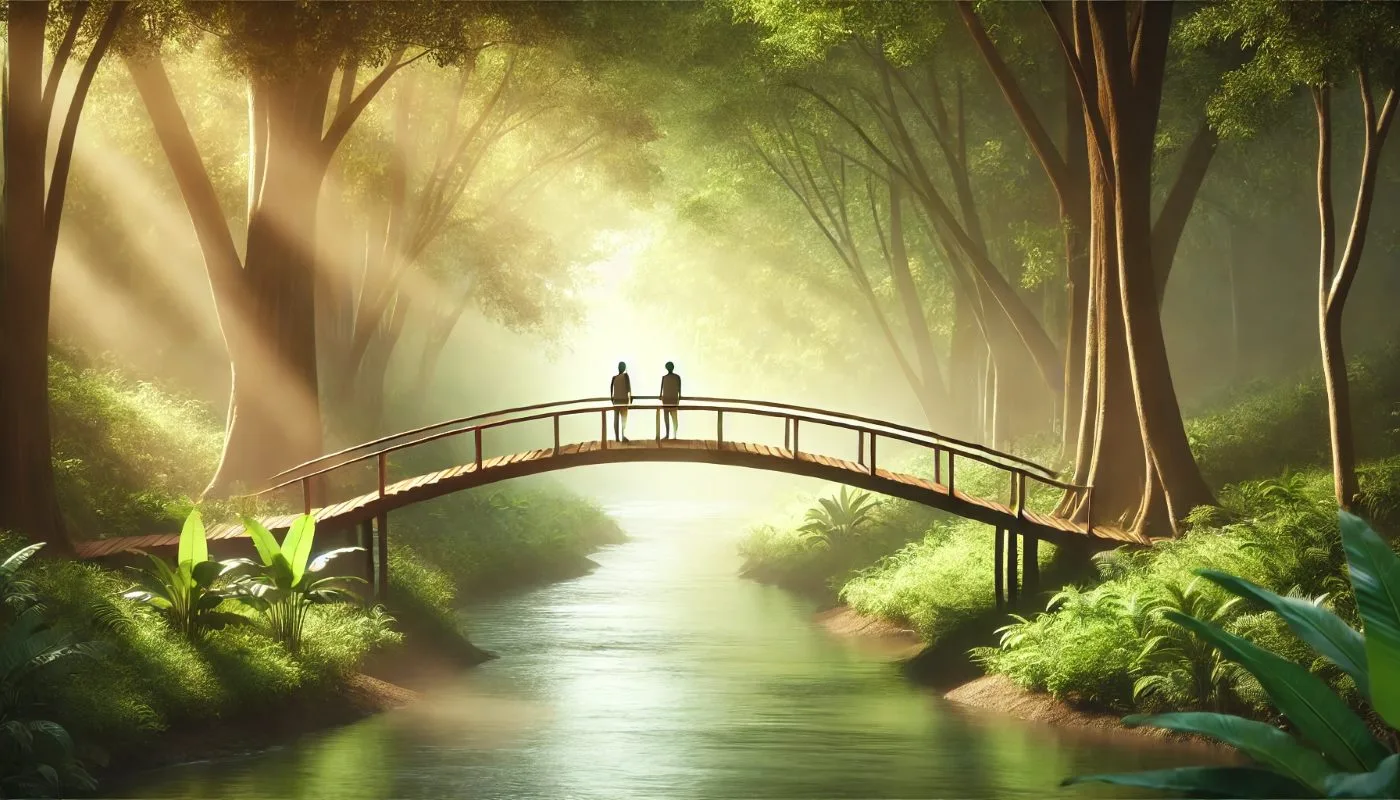 Pont en bois symbolisant le lien entre deux rives et l'accompagnement thérapeutique