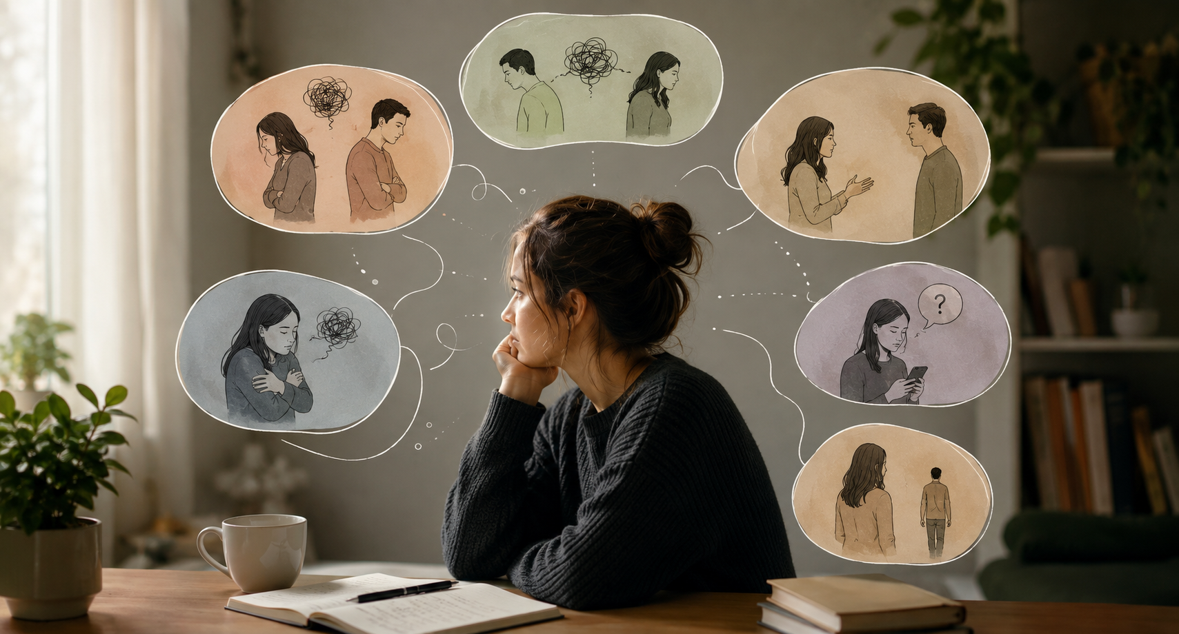 Personne réfléchissant à des situations et schémas relationnels qui semblent se répéter